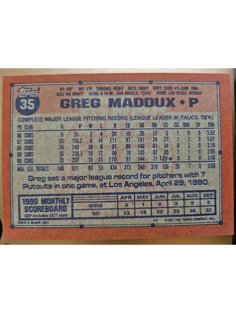 Greg Maddux  HOF - 1991 Topps  #35 - Chicago Cubs - RAW Mint - Picture 2 of 2